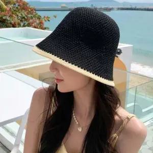 (앙상블) 배색 라인 망사 밀짚 모자 여름 벙거지 여성