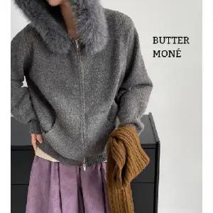 버터모네 탈부착 퍼카라 후드 집업 니트가디건 루즈핏 봄겨울 아우터 차콜 아이보리 베이지 체형커버 보온