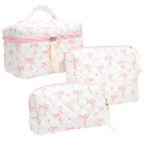 3PCS 메이크업 가방 파우치 세트 지퍼 여아 퀼트 보우 화장품 여행용 핑크 케이스 대형 소프트