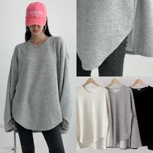 빅사이즈 여성 겨울 니트 롱 티셔츠 오버핏 루즈핏 언발란스 스판 긴팔