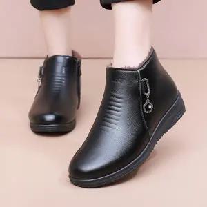 여성 겨울 퍼안감 블랙 가죽 앵클부츠 컴포트화