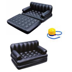 접이식 휴대용 풍선 소파 트윈 침대, 게으른 플로킹 퀸 사이즈 에어 베드 매트리스 - 팝업 실내 거실 및 야외 발코니, 뒷마당, 캠핑, 피크닉, RV + 풋 펌프(블랙)에 적합합니다