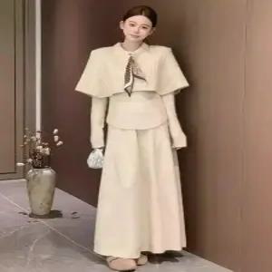 여자 정장세트 추동 니트 스카프 망토+저고리+롱스커트 빅사이즈 세트 원픽4