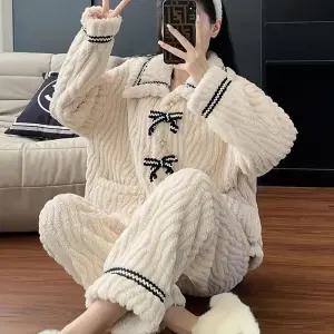 여자 겨울 홈웨어 리본 카라 포인트 포근한 소재 주머니 잠옷 세트남자 커플 학생 수면 가을 투피스 원피스