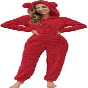 Chouyatou 여성용 퍼리 셔파 오니 파자마 라운지 하트 자카드 원피스 롬퍼 귀여운 이어 후드 점프수트