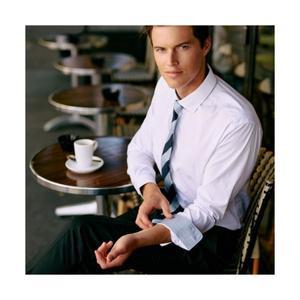 엘르 남성 사계절 링클프리 폴리 사방스판 솔리드 배색 화이트 슬림핏 긴소매 셔츠 97551