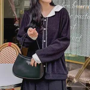 배색 카라 니트 블라우스 긴팔 여성 빅사이즈