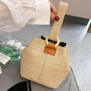 여성 라탄 버킷 백 여름 숄더 체인 가방 베이지 WED2BCD