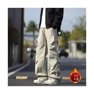 키체샵 남성 면 바지 기모 바람막이 가을 겨울 두꺼운 낙하산병 일자 HO4