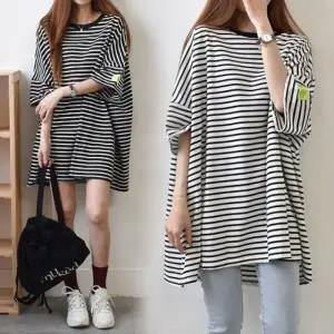 스트라이프 여성 롱 반팔티 티셔츠