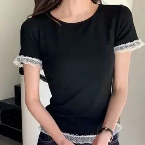 여성 블랙 반팔 티셔츠 레이스 슬림핏 데일리