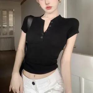 여성 티셔츠 골지 캡소매 반팔 세미크롭 슬림핏 상의 단추 슬림핏반팔 셔링 골지 여성 티셔츠 이너 크롭