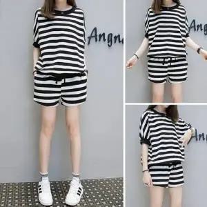 스트라이프 여성 라운드 반바지 세트