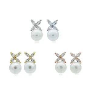 [하프클럽/]여자 사계절 데일리 진주 큐빅 플라워 귀걸이