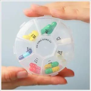 [오너클랜]휴대용 밀페 원형 일주일 요일별 약통 케이스