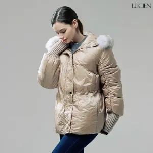 여성 패딩 소매배색 퍼 후드 점퍼_P베이지