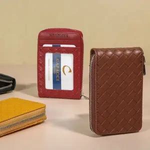 [하프클럽/]여성 지퍼 위빙 카드 지갑 인조 가죽 슬림 명함