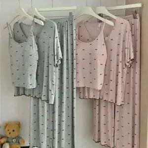 캡내장 나시 반팔 파자마 리본 패턴 잠옷 3피스 세트 파자마잠옷여성홈웨어