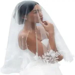 신부 베일 3D 플라워 펄 2 티어 웨딩 레이스 플로럴 핑거팁 길이 툴레 짧은 드레스용