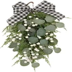 피를라 유칼립투스 스웨그와 활 19.7인치 벽걸이 그리너리 눈물방울 화환 현관문용 스프링 문 창문 장식용