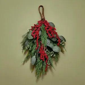 현관문용 램프러스트 겨울 스웨그 유칼립투스와 레드 베리가 있는 18인치 그리너리 장식용 티어드롭 웨딩