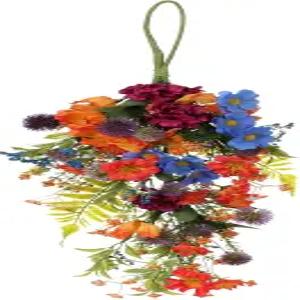 ZHDAKA 22.8인치 인조 데이지 티어드롭 스웨그 녹색 잎이 달린 컬러풀 플로럴 문벽 웨딩 아치 장식용 가짜