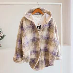 [잇수다] 라넬슈 체크 부클 뽀글이 오버핏 후드 셔츠 자켓