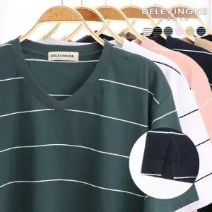 델레바인 비쥬 브이넥 단가라 반팔티 M~4XL 티셔츠 빅사이즈