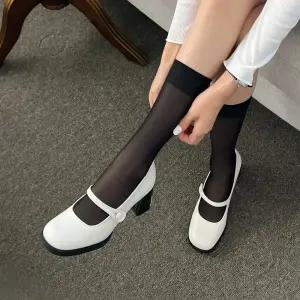 SOVO 이베르 세미스퀘어 메리제인 스트랩 발편한 미들통굽 펌프스 여성구두 6cm