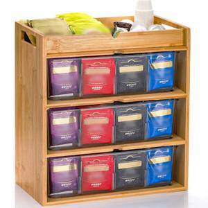 Tlence 3단 대나무 티백 수납 정리함, 서랍이 있는 14인치 x 11인치 x 6.5인치 세로 티백 랙, 180개 이상의 티백 우드 티 스테이션 보관함, 조리대 사무실 주방용