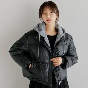 [핑크시슬리] 데이빈 레더 레이어드 후드 세미크롭 패딩점퍼