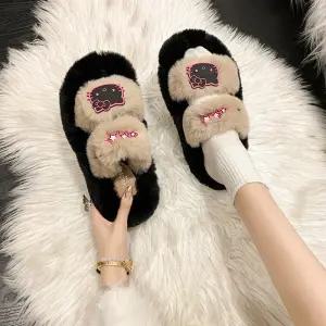 헬로키티 털 슬리퍼 여성 겨울 두꺼운 미끄럼 방지 코튼 실내화 거실 사무실 학교 기숙사