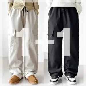 [원쁠원] 기모 립스탑 카고 와이드 겨울바지 내구성좋은 허리밴딩 스트링 캠핑룩 커플바지 남녀공용 데일리룩