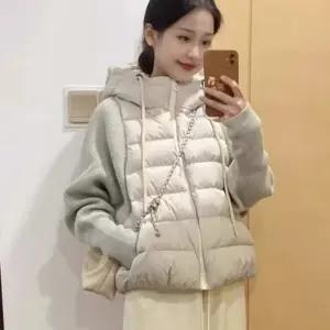 여성 겨울 경량 후드 집업 패딩 니트 소매 스트링 데일리 점퍼