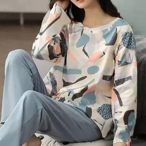 여자 잠옷 세트 수면 라운드 파자마 여성 잠옷 세트 상하의 원피스 상의 7부