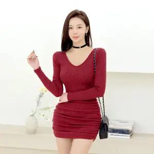 채핏 체니 기모브이넥 원피스 섹시 글램 미니 ops 긴팔 셔링 기모 v넥 h라인 크리스마스 데일리룩