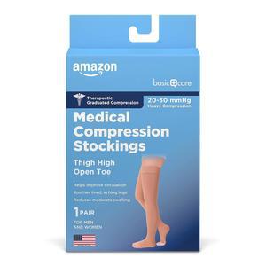 아마존 베이직 케어 의료용 압박 스타킹, 20-30mmHg 지지대, 여성 및 남성 허벅지 길이 호스, 오픈 토, 베이지, 2X-대형(이전 NuVein)