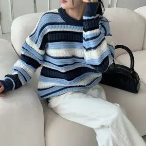 여성 배색 니트 루즈핏 스트라이프 단가라 멀티 (KYR-WFGEML6)