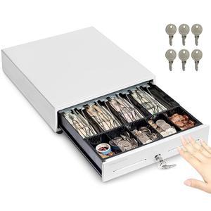 [미국배송] 볼코라 13인치 수동 푸시 오픈 캐시 레지스터 서랍 4장의 지폐와 5개의 동전 슬롯이 있는 화이트 헤비 듀티 틸 탈부착 가능한 트레이가 키 잠금 및 더블 미디어 슬롯