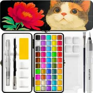ARTISTRO 50 컬러 수채화 물감 세트 - 팔레트 및 브러시 펜이 포함된 휴대용 페인트 성인 전문가 를 위한