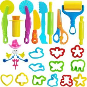 플레이도우 도구 키트 3세 를 위한 기본 점토 및 반죽 스타터 세트 28개 다양한 모양의 몰드와 커터가 있는