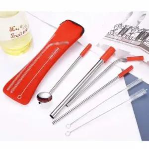 일자 스텐 휴대용 재사용빨대 버블티 6종 레드 빨대