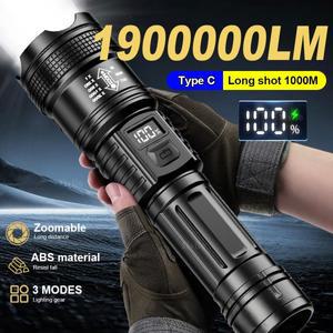 1900000LM 초강력 손전등 타입 C 충전식 LED 토치 XHP50 강력한 라이트 내장 배터리 캠핑 랜턴