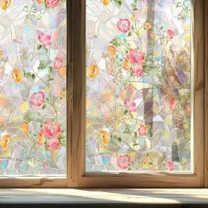 창문 프라이버시 필름 무지개 꽃과 식물 고정 접착 장식 가정용 거실 욕실 유리 문용 양면 스테인드글라스