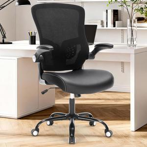 사무용 의자 인체공학적 책상 등받이 중앙 메쉬 컴퓨터 의자, 허리 지지대가 있는 편안한 PU 가죽 시트 조절 높이 플립업 암 이그제큐티브 작업 블랙