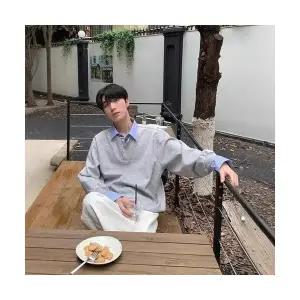 록쉬블몰 남성 솔리드 셔츠 빈티지 페이크 투피스 넥 맨투맨 가을 캐주얼 긴팔 HO3