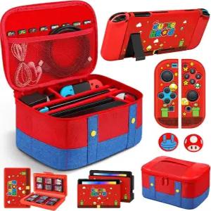 Nintendo Switch 여행용 Gurgitat 9in1 휴대용 케이스 번들 귀여운 소년 보호 커버 + 엄지 그립 버튼 캡