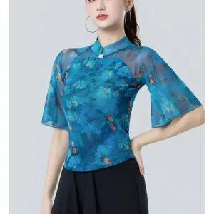 왈츠 라틴 댄스복 방송 라인 댄스상의 줌바 사교 여성 블루 플로럴 M