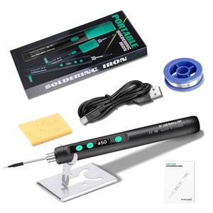 휴대용 무선 납땜 아이언 키트 - 1100mAh USB 충전식 Type-C 포트, 가전제품 수리용 LCD 디지털 조절 온도 건, DIY- 블랙
