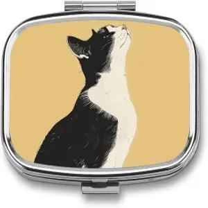 2칸 방수 금속 여행용 알약 상자 약물 생선 기름 및 보충제가 포함된 흑백 고양이 케이스 휴대용 정리함